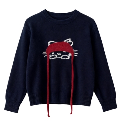 秋冬新款2025针织衫立体卡通内搭上衣圆领女宽松套头短款毛衣外穿