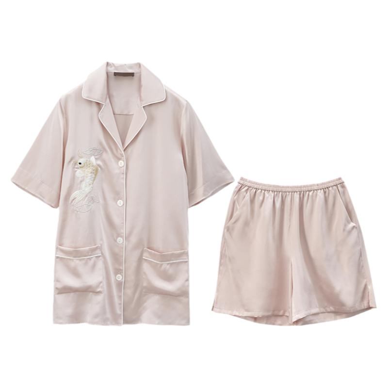 舒绸坊新款重磅真丝睡衣女夏季短袖锦鲤刺绣分体桑蚕丝家居服套装