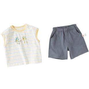 戴维贝拉儿童针织短裤套装男童2026新款条纹背心裤子宝宝夏装A类