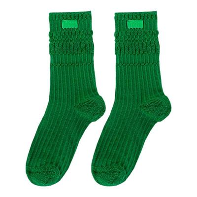 反穿毛圈皮标暗条袜子绿色中筒袜