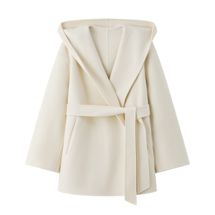 【绒语呢喃】CHICJOJO白色大衣女25冬新款短款连帽羊绒双面毛呢