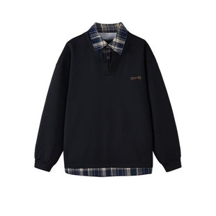 美式潮牌假两件套头卫衣男秋冬宽松刺绣翻领加绒polo衫上衣外套潮