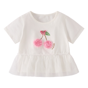 儿童上衣春夏新款宝宝圆领衣服甜美童装女孩夏装网纱6女童短袖T恤