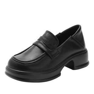 真皮内增高加绒乐福鞋女2025秋冬新款百搭英伦风小皮鞋粗跟单鞋