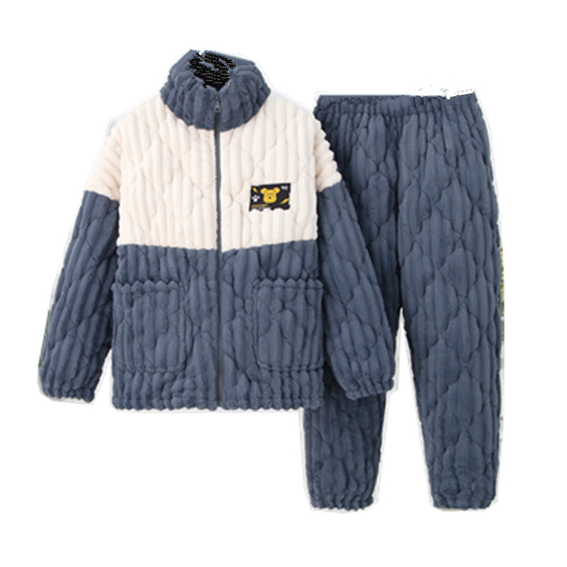 拉链睡衣三层加厚夹棉女冬季家居服保暖法兰绒套装立领可外穿加绒