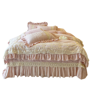 法式加绒床盖款牛奶绒四件套公主风珊瑚绒双面绒蕾丝花边被套冬季