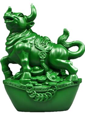 绿色木雕牛摆件实木十二生肖牛气冲天家居客厅办公桌面装饰工艺品