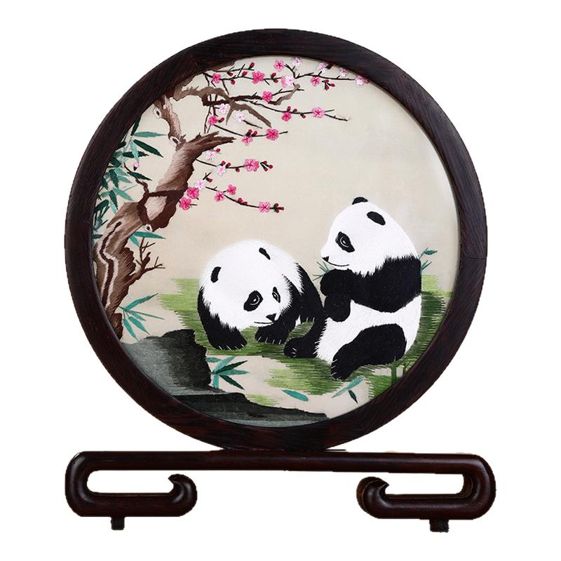 苏州手工双面刺绣礼盒苏绣熊猫红木摆件蜀绣中国特色商务伴手礼品