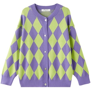 女大童拼色菱格开衫春秋装新款青少年韩版针织衫儿童薄款毛衣外套