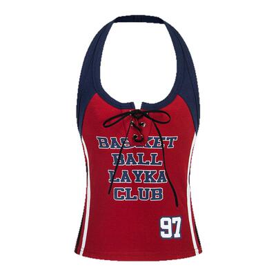 辣妹运动风拼接挂脖绑带短款背心