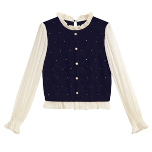 YINER音儿专选2025冬季新款法式天鹅绒拼接木耳边假两件针织衫