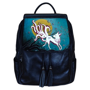 调皮匠双肩包女款真皮2025新款时尚大容量头层牛皮背包手工皮雕包