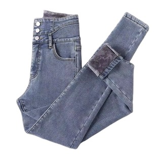 弹力高腰牛仔裤女2025秋冬显瘦铅笔紧身小脚裤女大码加绒黑色新款