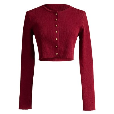 红色圆领纽扣开衫早秋针织衫女