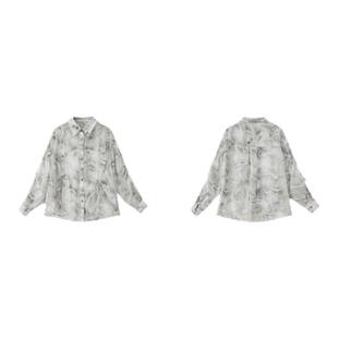 PIT复古水墨画长袖印花衬衫女夏新款两件套上衣短裤时尚套装