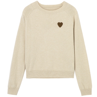 布景羊毛衫女冬季新品简约圆领爱心装饰长袖纯羊毛针织衫毛衣1870