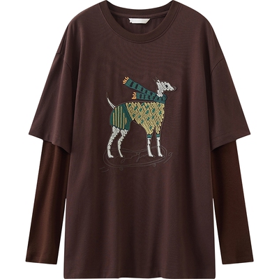 播假两件圆领刺绣T恤女冬季松弛慵懒宽松上衣DDS4YD5140