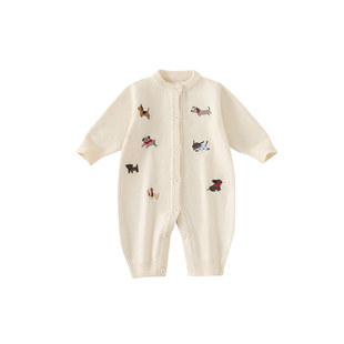 红色婴儿连体衣冬季洋气宝宝针织毛衣新生儿衣服喜庆冬装过年爬服