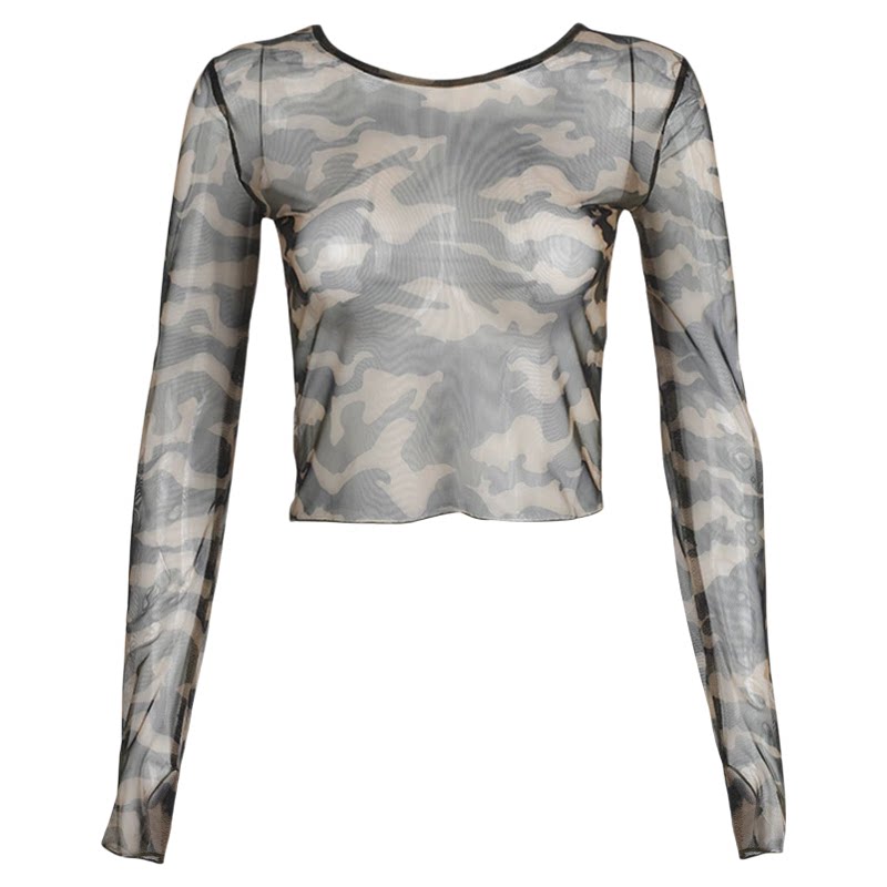 Mesh camouflage long-sleeve slim top女士网纱迷彩长袖修身上衣