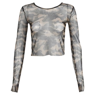 Mesh camouflage long-sleeve slim top女士网纱迷彩长袖修身上衣
