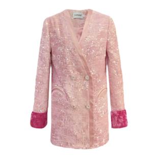 新贵系列粉色新中式外套重工刺绣亮片设计东方美撞色丝绒西装粉色