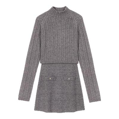 季末7折Maje2025秋冬款女装法式时尚气质灰色半高领两件套连衣裙