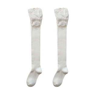 长筒袜配靴子女白色花边蕾丝纯棉过膝袜jk大腿袜新款秋冬季堆堆袜