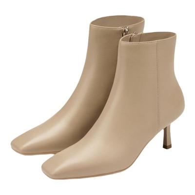 明星同款73hours女鞋柔焦奶咖冬季新款尖头踝靴细高跟短靴时装靴