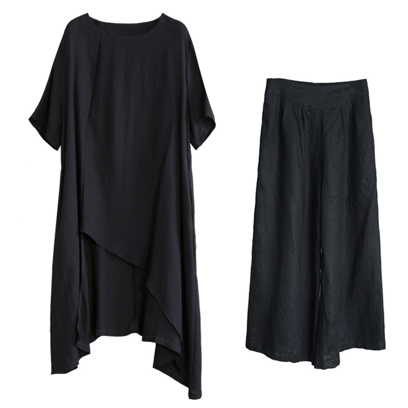 兮风春夏宽松禅意不规则衬衣百搭阔腿裤两件套简约个性时尚女套装