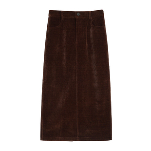 pusumede 雾光琥珀 灯芯绒高腰半身裙女复古显瘦后开叉中长直筒裙