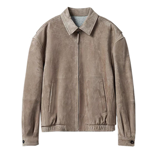 复古老钱风进口反绒羊皮短款外套女休闲翻领宽松真皮夹克皮衣大码