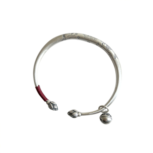 一十七手作「锦鲤戏莲」实心足银990 复古印花铃铛开口纯银手镯女