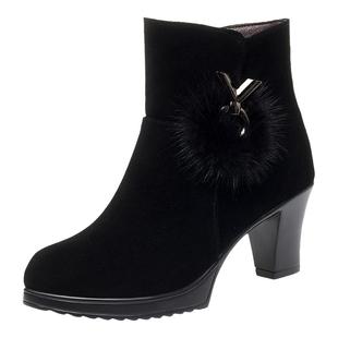 女士绒面短靴冬季加绒加厚靴子洋气中年妈妈棉鞋真皮高跟羊毛皮鞋