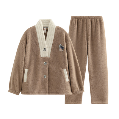 芬腾珊瑚绒睡衣女秋季加绒加厚卡通拼色领口外穿家居服套装2025年