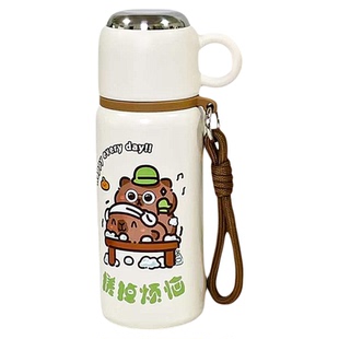 卡通图案学生便携水杯316L不锈钢内胆保温杯450ml吸管杯一杯三饮