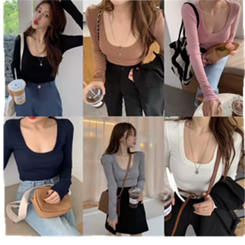 方领纯色性感露锁骨打底衫女秋冬长袖内搭紧身上衣低胸套头T恤