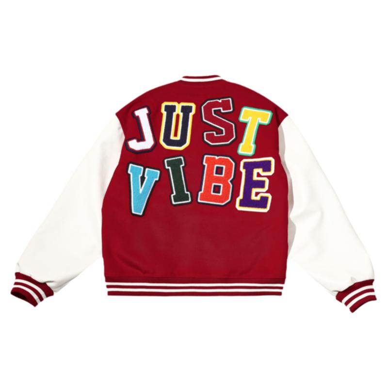 JUST VIBE vintage美式夹棉棒球服外套男秋冬毛巾绣PU皮拼接夹克