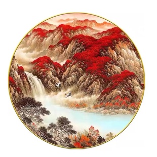 鸿运当头玄关装饰画带灯新中式圆形茶室背景墙灯画办公室山水挂画