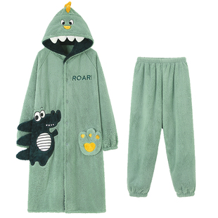 男士睡衣秋冬款加厚加绒珊瑚绒睡袍套装冬季法兰绒浴袍恐龙家居服