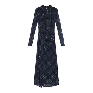 贰羊设计【画影】复古风高级蓝格纹旗袍裙女弹力网纱侧绑带连衣裙