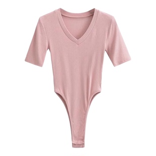 欧美风中袖大V领连体女T恤深V连裆连身弹力修身打底衫夏季潮上衣