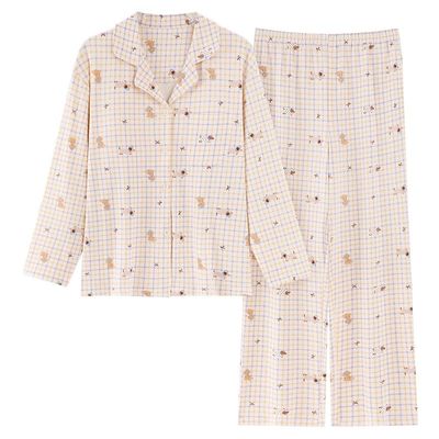 纯棉女长袖开衫格子可外穿睡衣