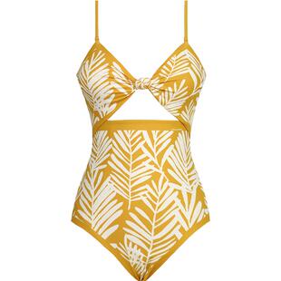 VISUAL MOOD度假泳衣女复古姜黄双面印花法式海边温泉连体游泳衣