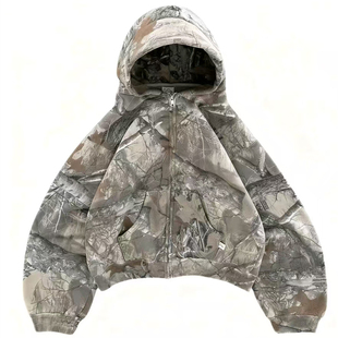 hoodie camo jacket vintage美式上衣树枝卫衣古着迷彩拉链外套男