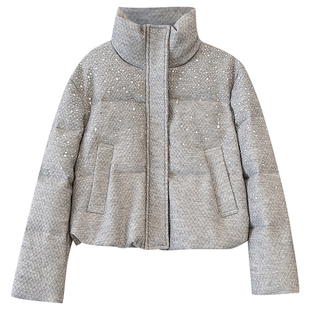 贵气小香风白色立领重工烫钻面包羽绒服女短款2025冬装新款厚外套