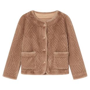 Goodland美地女装冬季时尚编织纹理小香风休闲仿皮草短外套