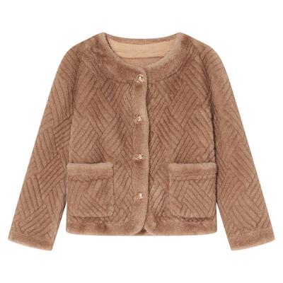 Goodland美地女装冬季时尚编织纹理小香风休闲仿皮草短外套