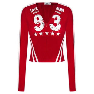 辣到中暑美式复古辣妹数字印花球衣风条纹V领T恤修身显瘦短款上衣