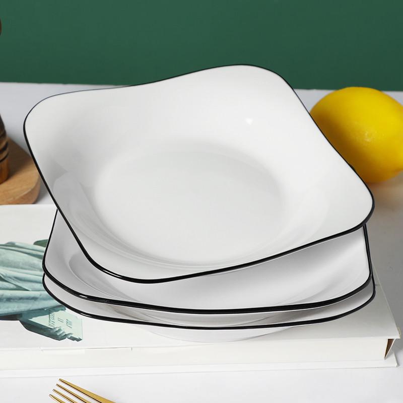 高颜值黑边线盘子创意方形盘子家用陶瓷炒菜盘深汤盘子耐高温餐具