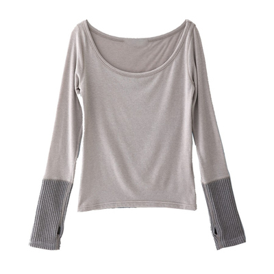 eihey诶嘿韩系百搭纯色拼接露肩套指T恤长袖女修身内搭打底上衣女